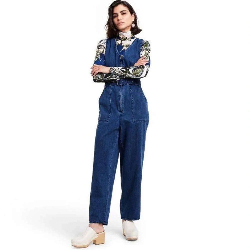 Rachel Comey x Target Blue Denim Jumpsuit Wide Leg Zip Up  Belted Size 6 Blogger - Picture 2 of 8